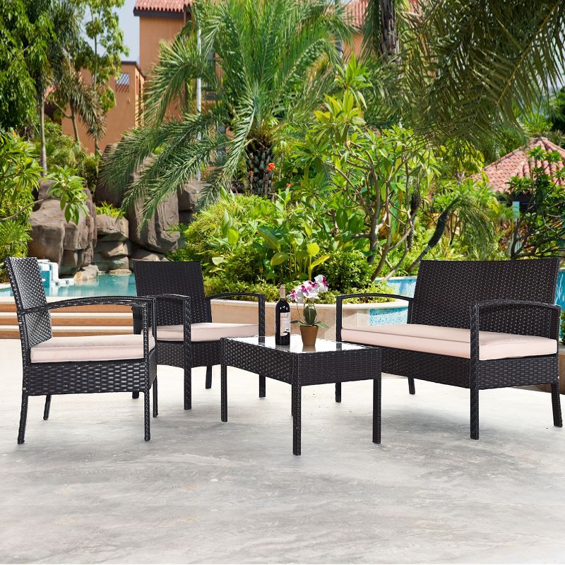 Costway 8PCS Patio Rattan Conversation Furniture Set Cushioned Seat Glass Table, 2 of 11
