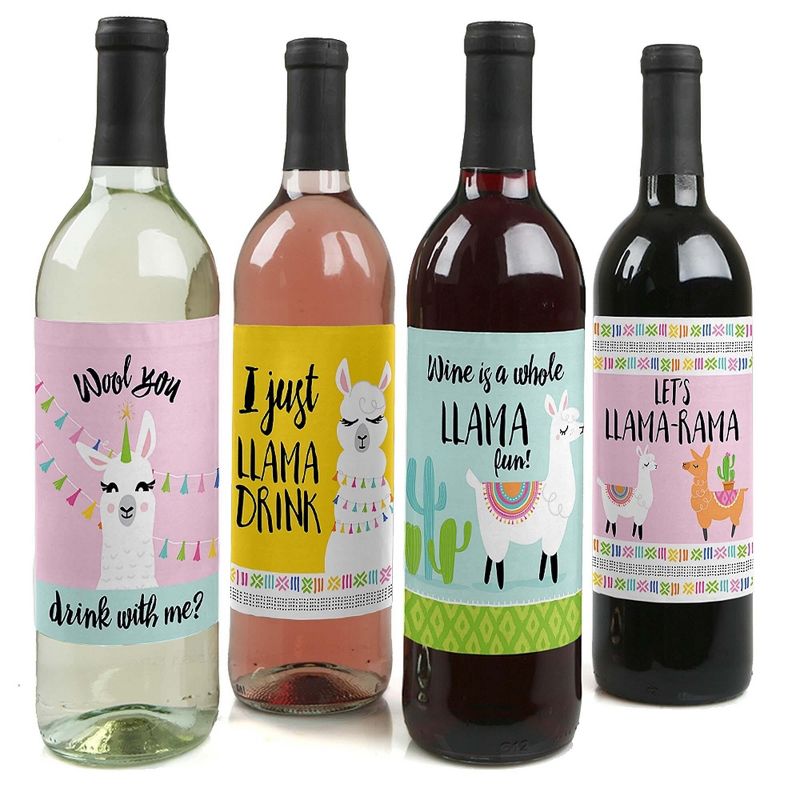 Big Dot of Happiness Whole Llama Fun - Llama Fiesta Baby Shower or Birthday Party Decorations for Women & Men - Wine Bottle Label Stickers - Set of 4, 1 of 9