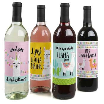 Big Dot of Happiness Whole Llama Fun - Llama Fiesta Baby Shower or Birthday Party Decorations for Women & Men - Wine Bottle Label Stickers - Set of 4