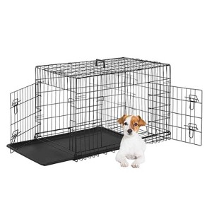 FDW Dog Crate for Small Dogs 24 Inch Folding Metal WirePet Cage Double Door W/Divider Panel Indoor Outdoor Kennel Leak-Proof Plastic Tray,Black - 1 of 4