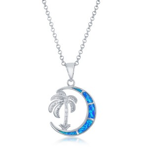 Opalata Sterling Silver, Palm Tree Blue Opal Crescent Moon 18" Pendant Necklace - Blue - 1 of 2