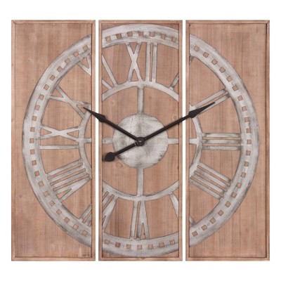 38" Triptych Panel Wooden Roman Numerical Wall Clock Brown - Patton Wall Decor