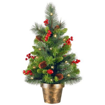 National Tree Company Pre-Lit Artificial Mini Christmas Tree, Green, Crestwood Spruce, White Lights, Pine Cones, Frosted Branches, Pot Base, 2 Feet