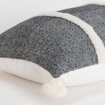 Black and White Cotton Lumbar Throw Pillow with Tassels