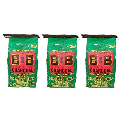 B&B Charcoal Signature Long Burning Smoking Hickory Lump Charcoal with All Natural Material for Grills and Barbecues, 8 Pounds (3 Pack)