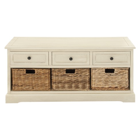 Wood Storage Cabinet 3 Wicker Baskets 3 Drawers White Olivia