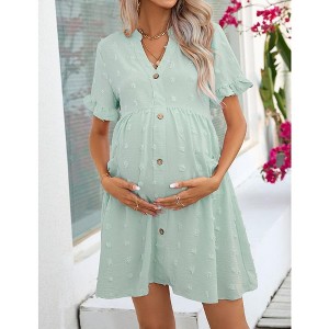 Womens Maternity Dress Swiss Dot V Neck Short Sleeve Button Down Summer Casual Baby Shower Mini Dresses - 1 of 4