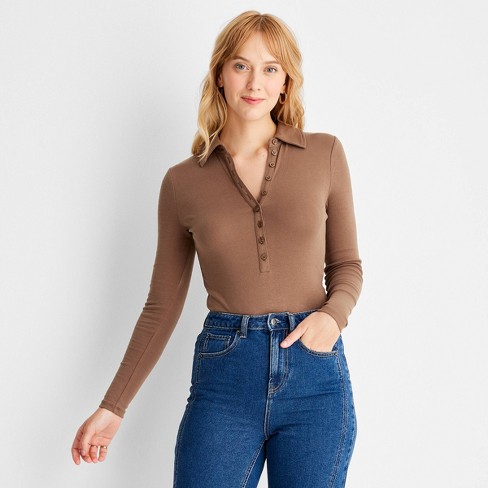 Women's Long Sleeve Henley Collared Button-Front Bodysuit - Future  Collective™ with Reese Blutstein Brown XXS