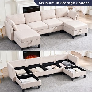 Mjkone Flexible Combination Reversible 4-Seater Modular Sofa with Storage Ottomans,Linen Rivet Design Convertible Sleeper Sofa - 1 of 4