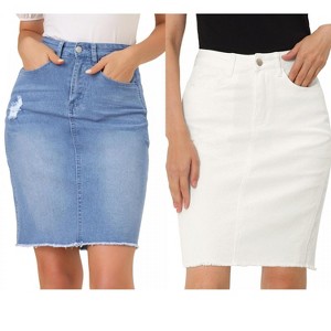 INSPIRE CHIC Women's Basic Distressed High Waist Ripped Hem Washed Jeans Skirt 2 Packs - 1 of 4