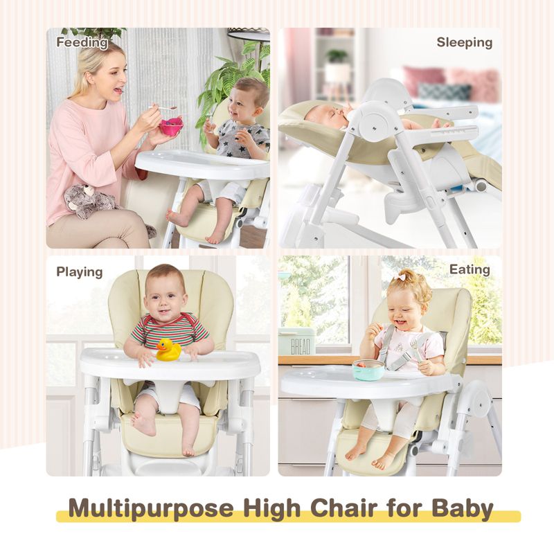Infans Baby Convertible Folding Adjustable High Chair w/Wheel Tray Storage Basket Beige, 4 of 8