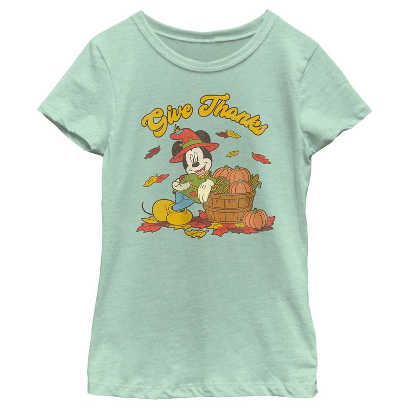 Girl's Mickey & Friends Give Thanks Scarecrow Mickey T-Shirt, 1 of 5