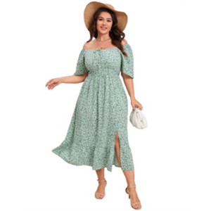 Clearlove Womens Plus Size Square Neck Floral Print Summer Dress Ruffle Short Sleeve Tie Front Slit Hem Boho Maxi Dress - 1 of 4