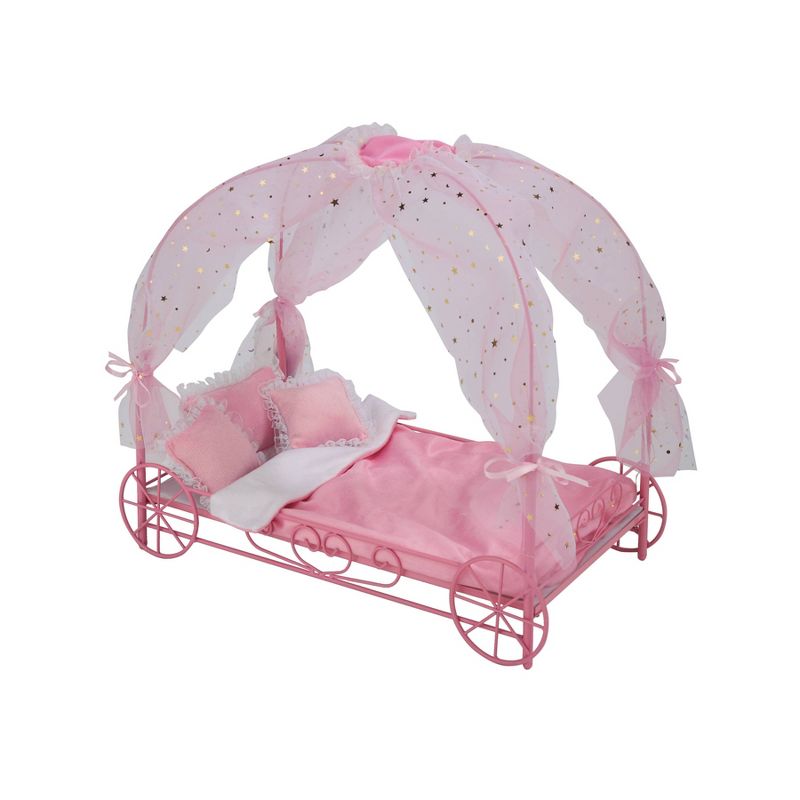Badger Basket Royal Carriage Metal Doll Bed with Canopy Bedding and LED Lights - Pink/White/Stars, 4 of 13