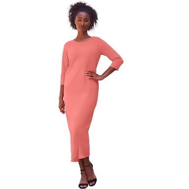 cotton spandex jersey dress Plus Size Women's Three-Quarter Sleeve Knit Maxi Dress by ellos in Sweet Coral (Size M)
