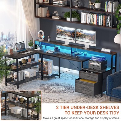 Aheaplus L-Shaped Computer Desk with Drawers and Monitor Shelf