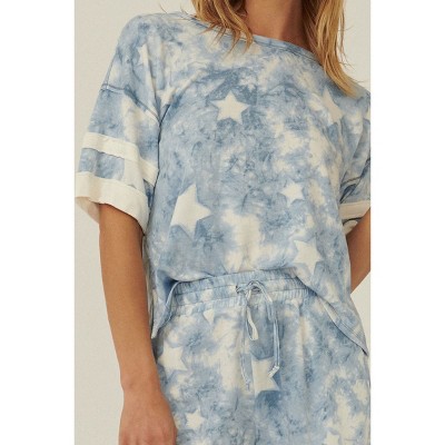 Slickblue Women's Knit Top, Star Tie-Dye Oversized Tee with Varsity Trim, Loose Fit Shirt, Lavender or Blue, S-L