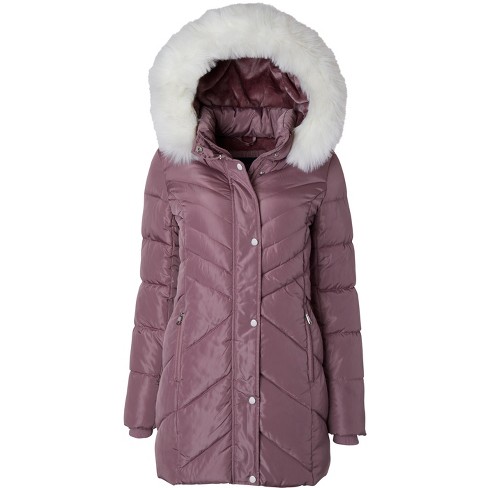 Sportoli Women Long Quilted Plush Lined Outerwear Puffer Jacket Winter Coat  With Fur Hood - Dusty Pink (x-large) : Target