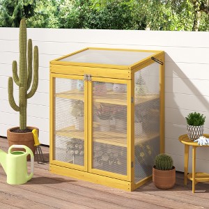 DOMETOUR Wooden Cold Frame Mini Greenhouse, Outdoor Polycarbonate 2-Tier Garden Greenhouse Cabinet, Keep Plants Warm - 1 of 4