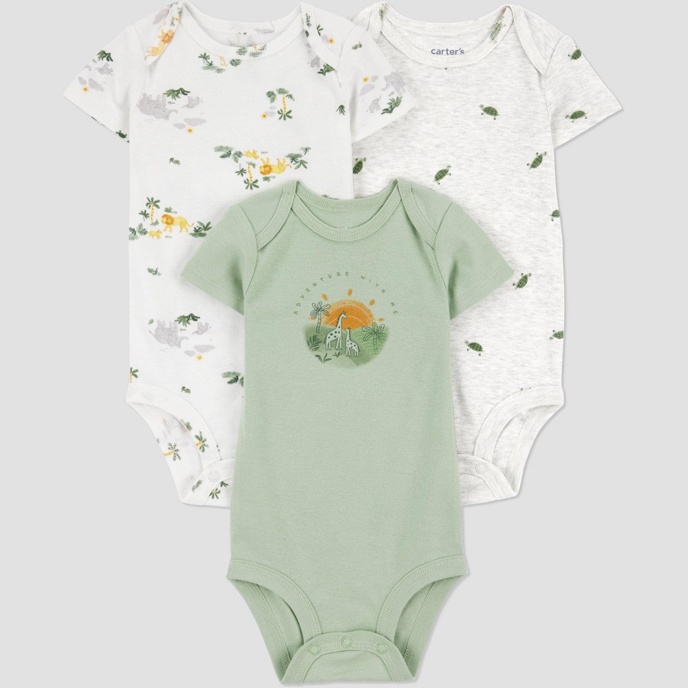 Carter's Just One You®️ Baby Boys' 3pk Bodysuit - Gray/Green 3M: Jungle Animal Pattern, Short Sleeve, Crotch Snap