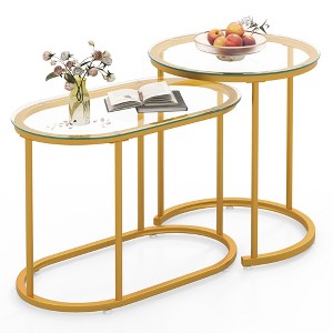 Costway Nesting Coffee Table Set of 2 with Tempered Glass Tabletop Heavy-duty Metal Frame - 1 of 4