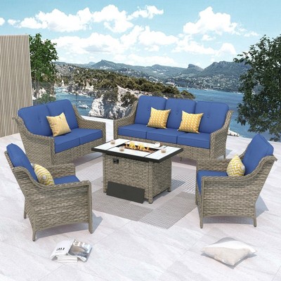 XIZZI 5 Pieces Furniture Set with Fire Pit Table, All Weather PE Conversation Set with 3 Seater Sofa, Loveseat and High Back Rattan Chairs