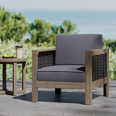 GDFStudio Allegra Outdoor Acacia Wood and Wicker Club Chair with Cushion