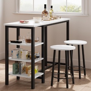 Counter Height Dining Table with Stools, Bar Table Set with 3 Storage Shelves, 3 Piece Dining Table Set for Small Space, Apartment, Kitchen, White - 1 of 4