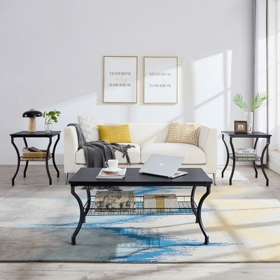 VECELO Set of 3 Coffee Table Sets，2 Tier End Table with Open Storage Shelf for Living Room, Bedroom