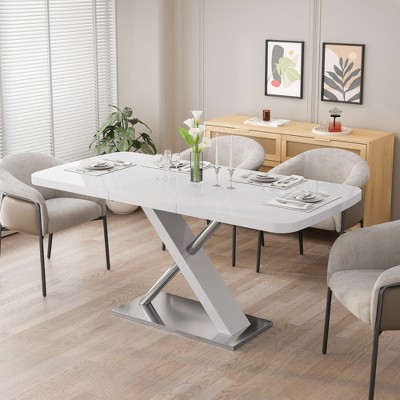 JUJABU Dining Table, for 4-6 People, with Crossed Metal Base and Stainless Steel Tubes, Extendable desktop