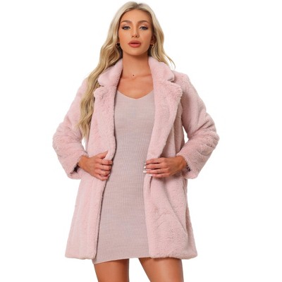 Allegra K Women's Lapel Collar Faux Fur Fuzzy Winter Long Overcoat with Pockets