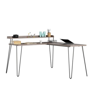 Haven Distressed Gray Oak L-Shaped Computer Desk with Riser