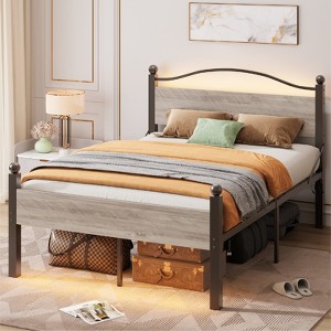 Pinmoco LED Headboard Bed Frame with Charging Station, 16.5" Storage Metal Platform Bed, Gray - 1 of 4
