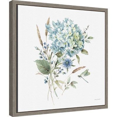 Blue Floral Bouquet Canvas Wall Art Print with Gray Frame