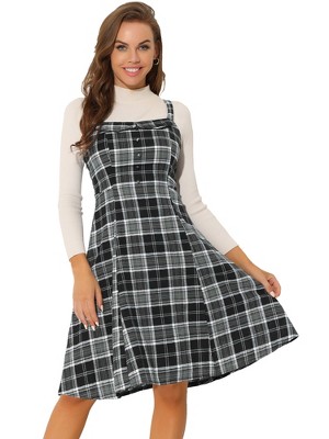 INSPIRE CHIC Women's Plaid Sleeveless Tie Back A-Line Overall Pinafore Dresses