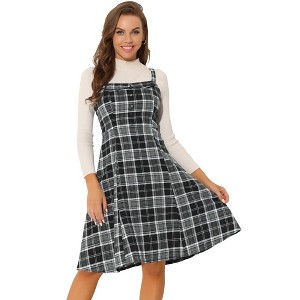 INSPIRE CHIC Women's Plaid Sleeveless Tie Back A-Line Overall Pinafore Dresses - 1 of 4