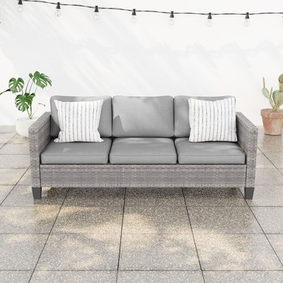 Sonkuki Outdoor Wicker Patio 3-Seat Sofa, PE Rattan Conversation Set With All-Weather Cushions