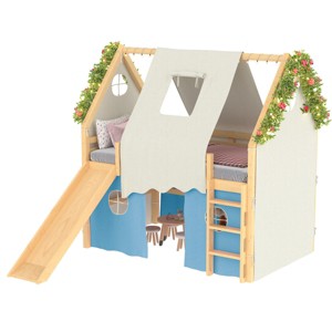 TopComfy Beds Full Size House Loft Bed with Sills and Tents Loft Bed with Ladders and Slide No Box Spring Needed for Bedroom, Blue, 78"*57.2"*80.6" - 1 of 4