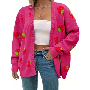 Coolmee Women's Plus Size Strawberry Print Casual Long Sleeve Open Front Knit Cardigan Sweater - 1 of 4
