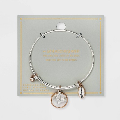 Stainless Steel "Granddaughter" Butterfly Mother of Pearl with Cubic Zirconia Bangle Bracelet - Rose Gold