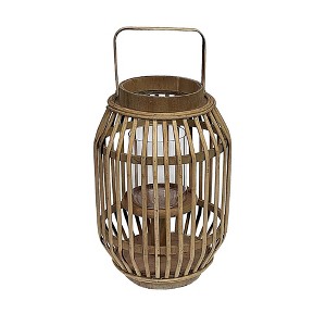 Essential Decor & Beyond 11.8" Natural Bamboo Glass Candle Holder Tabletop Lantern With Metal Handle - 1 of 1