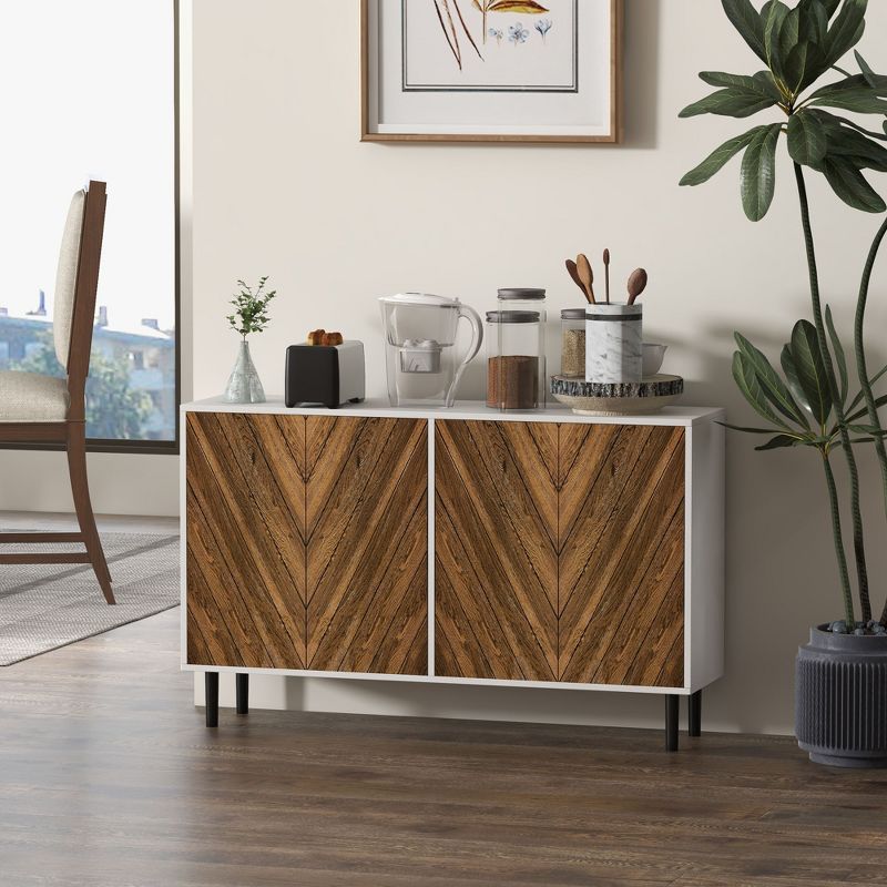 HOMCOM Modern Kitchen Sideboard Buffet Cabinet with Adjustable Shelves, 48" Coffee Bar Cabinet with Chevron Doors and Pine Wood Legs, Brown, 2 of 7
