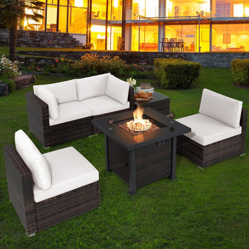 Tangkula 6 Piece Patio Wicker Conversation Set, Outdoor Rattan Sofa Set w/ 32" Propane Fire Pit Table, 50,000 BTU Heat, Tempered Glass Tabletop Black/Navy Blue/Red/Turquoise/Off White, 2 of 11