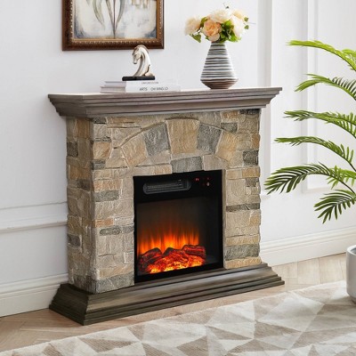 40" Bisque and Muddy Freestanding Electric Fireplace with Stone-Brick Mantel