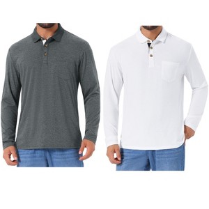 INSPIRE CHIC Men's Contrast Button Collared Pocket Long Sleeves Polo T-Shirts 2 Packs - 1 of 4