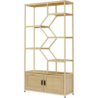 7-Tier Bookshelf, Rattan Bookcase with 2 Doors Storage Cabinet Organizer, Free Standing Shelf Units 39.4''W x 13.8'' D x 75.6'' H Natural
