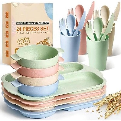 BRINJOY 24-Piece Wheat Straw Cutlery Set - Unbreakable, comes with divided plates, bowls, cups and cutlery, BPA-free, microwave and dishwasher safe