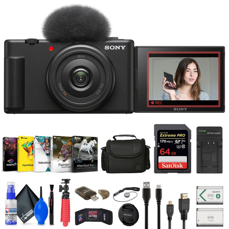 Sony ZV-1F Vlogging Camera (Black) (ZV1F/B) + Case + 64GB Card + Tripod + More, 1 of 5