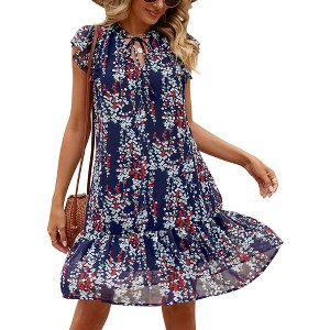 Women's Babydoll Mini Dress Summer V Neck Flutter Sleeve Boho Floral Flowy Shift Short Dress - 1 of 1