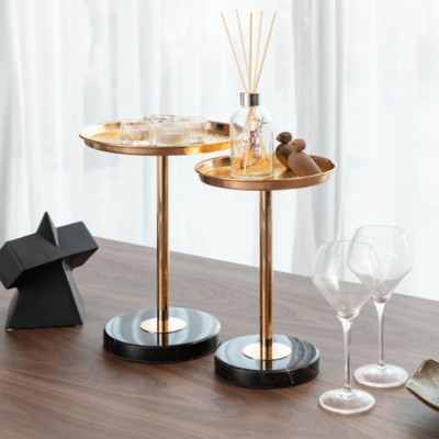 Syemin End Tables 2 Pcs Adjustable Side Table Natural Marble Decorative Pedestal End Table for Display and Storage, Gold, 9.8"*9.8"*24.4"